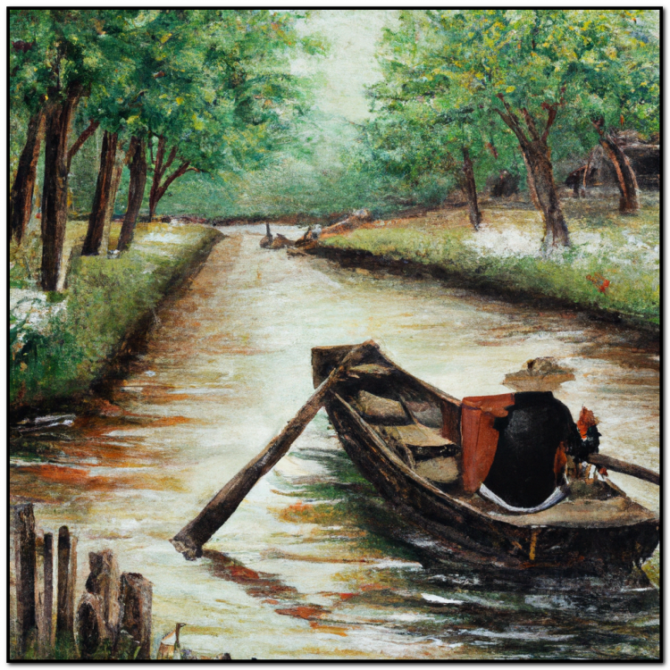DALL·E 2022-10-31 15.18.47 - An oil painting chaland  in a river bordered by orchards.png