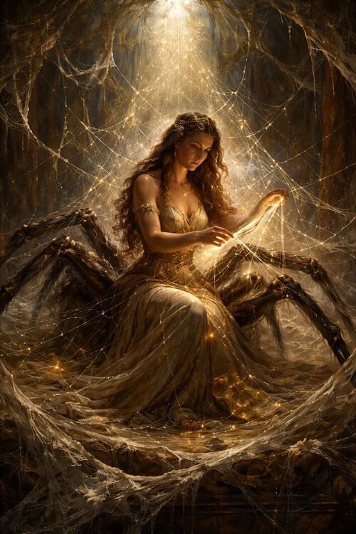 Arachne tissée dans la lumière dorée.jpg